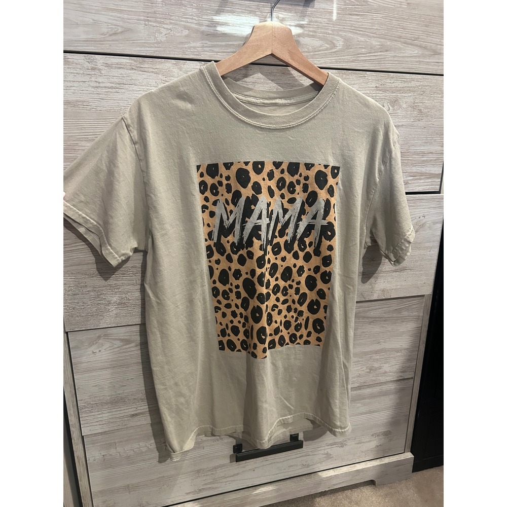 Goodie Two Sleeves Mama Leopard Print Graphic Tee Khaki Tan Size M Cotton